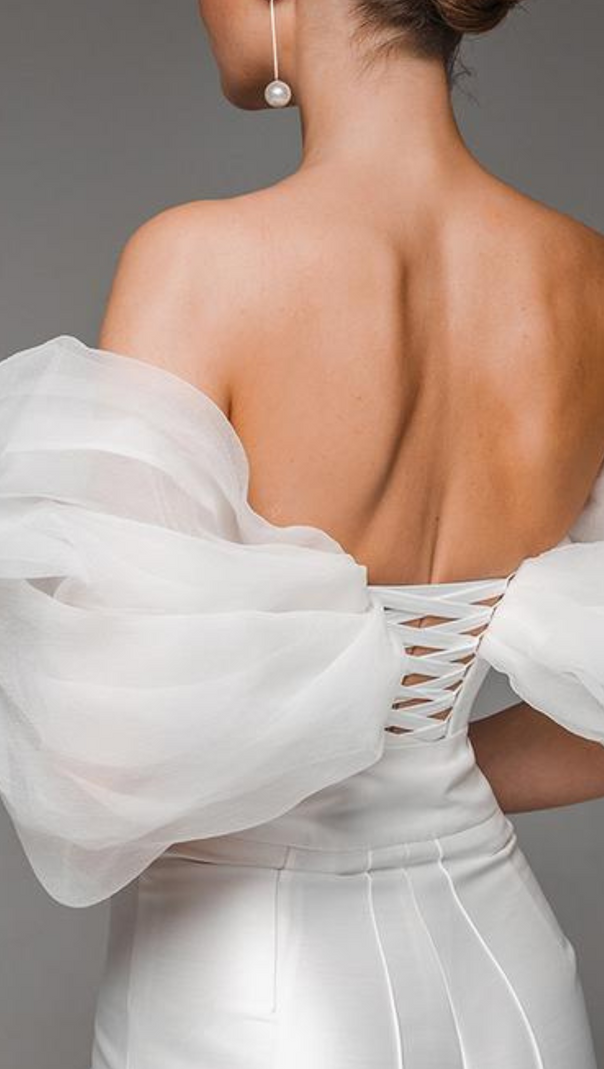 AIIZIE ANILA WHITE TULLE SLEEVE OFF-SHOULDER CORSET JUMPSUIT - product image