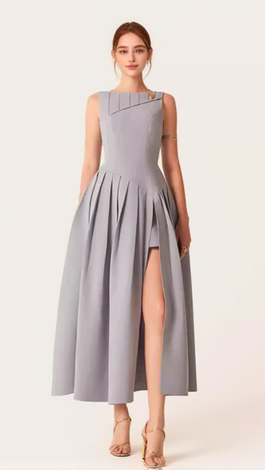 SLEEVELESS PLEATED SLIT MIDI DRESS IN GRAY