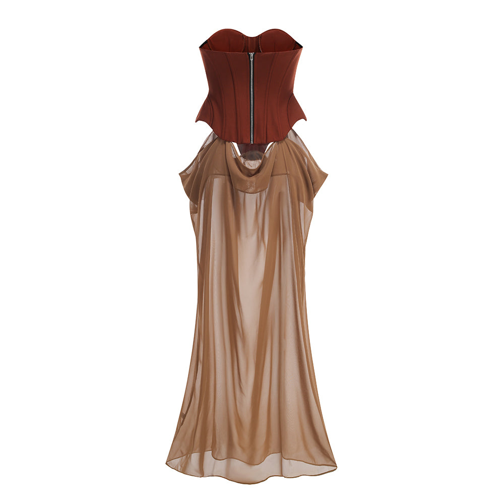 AIIZIE TIE - STRAP BANDEAU BROWN - RED PANELED MAXI DRESS - product image