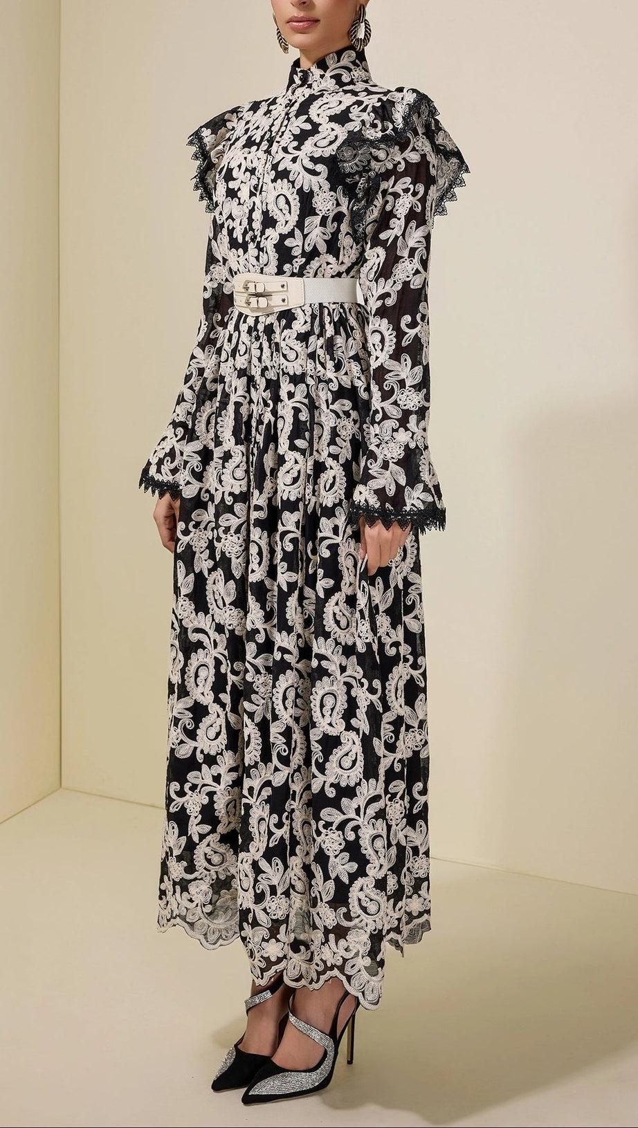 alma Chiffon Embroidered Single Breasted Midi Dress With Belt - black