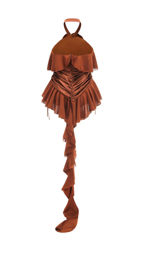AIIZIE Jerom Opulent Brown Halter Ruched Mini Dress with Rosette Detail - product image