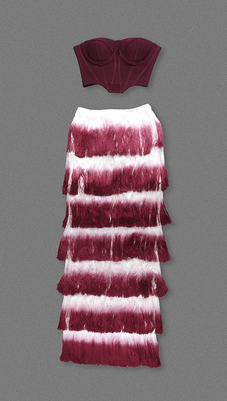 STRAPLESS TASSEL TWO PIECE MAXI DRESS BURGUNDY