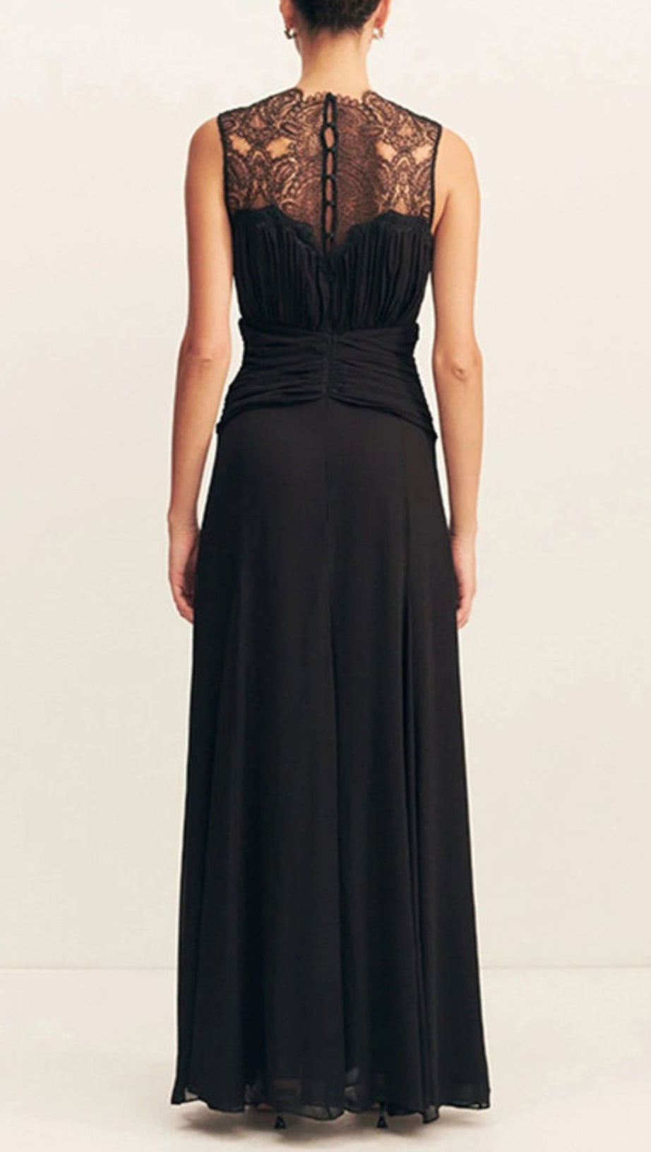 IONA ELEGANT BLACK LACE RUCHED SLEEVELESS MAXI GOWN
