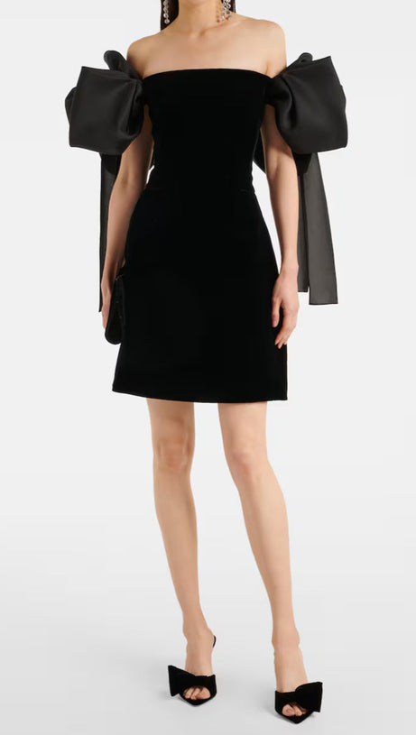 JULIE BOW OFF-SHOULDER MINI DRESS IN BLACK