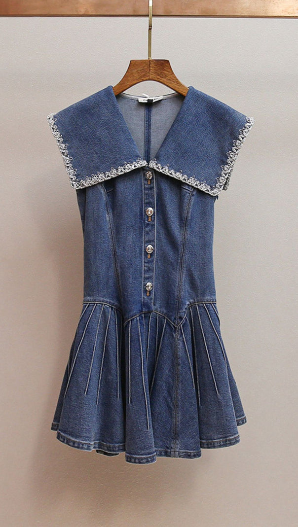 AIIZIE HAVIKA WOMEN'S EMBELLISHED SAILOR COLLAR DENIM MINI DRESS WITH PLEATED SKIRT - product image