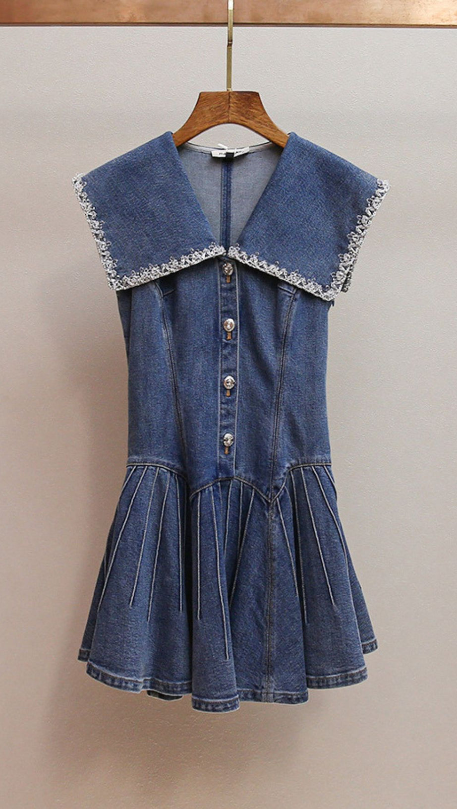 HAVIKA WOMEN'S EMBELLISHED SAILOR COLLAR DENIM MINI DRESS WITH PLEATED SKIRT