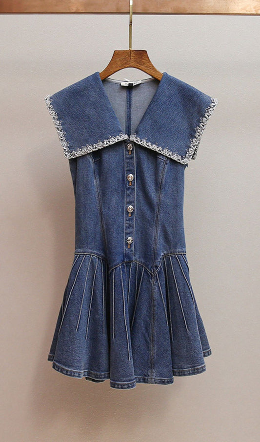 AIIZIE HAVIKA WOMEN'S EMBELLISHED SAILOR COLLAR DENIM MINI DRESS WITH PLEATED SKIRT - product image