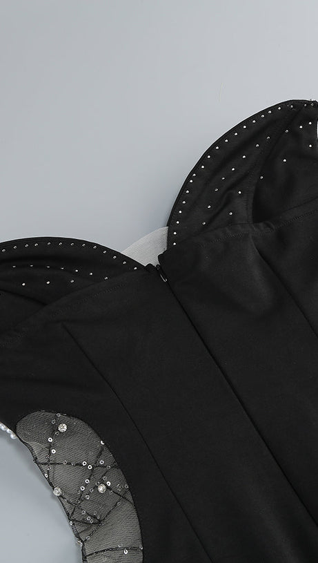 SYMMETRICAL TULLE PEARL EMBELLISHED MINI DRESS IN BLACK