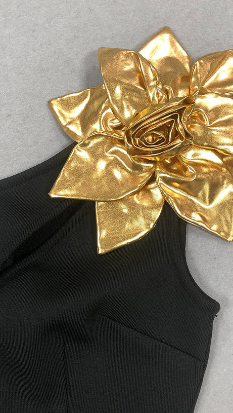 EUNICE GOLD 3D FLOWER CUT OUT BLACK MAXI DRESS