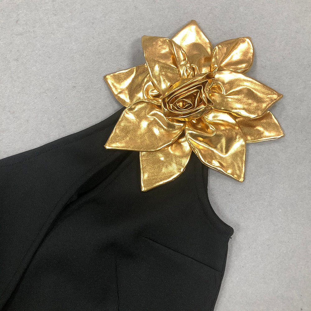 AIIZIE EUNICE GOLD 3D FLOWER CUT OUT BLACK MAXI DRESS - product image