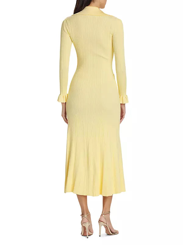 RIB-KNIT FLUTED MIDI SHIRT DRESS IN YELLOW