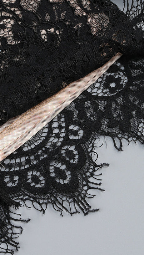 LONG SLEEVE LACE CORSET DRAPED MINI DRESS IN BLACK