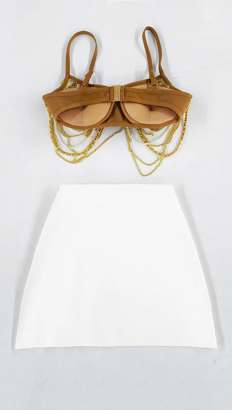 MIRIAM KHAKI METAL PEARL CHAIN TASSEL MINI SKIRT SET