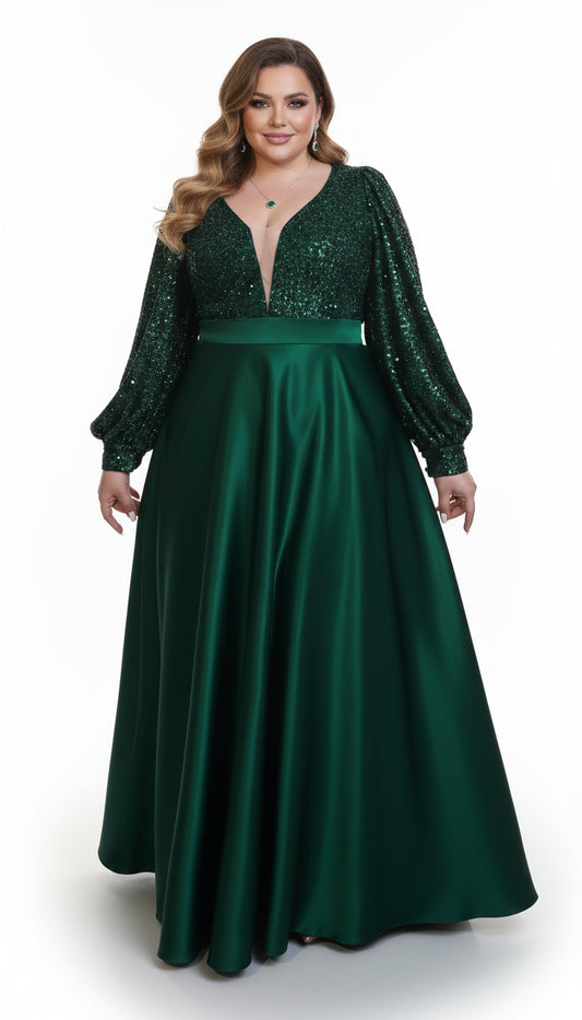 AIIZIE HENDRIKA DAZZLING EMERALD GREEN SEQUIN PLUS SIZE MAXI DRESS WITH LONG SLEEVES - product image