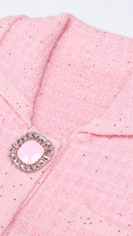 Joanna Luxe Tweed-Inspired Knit Mini Dress | Embellished Button & Pockets