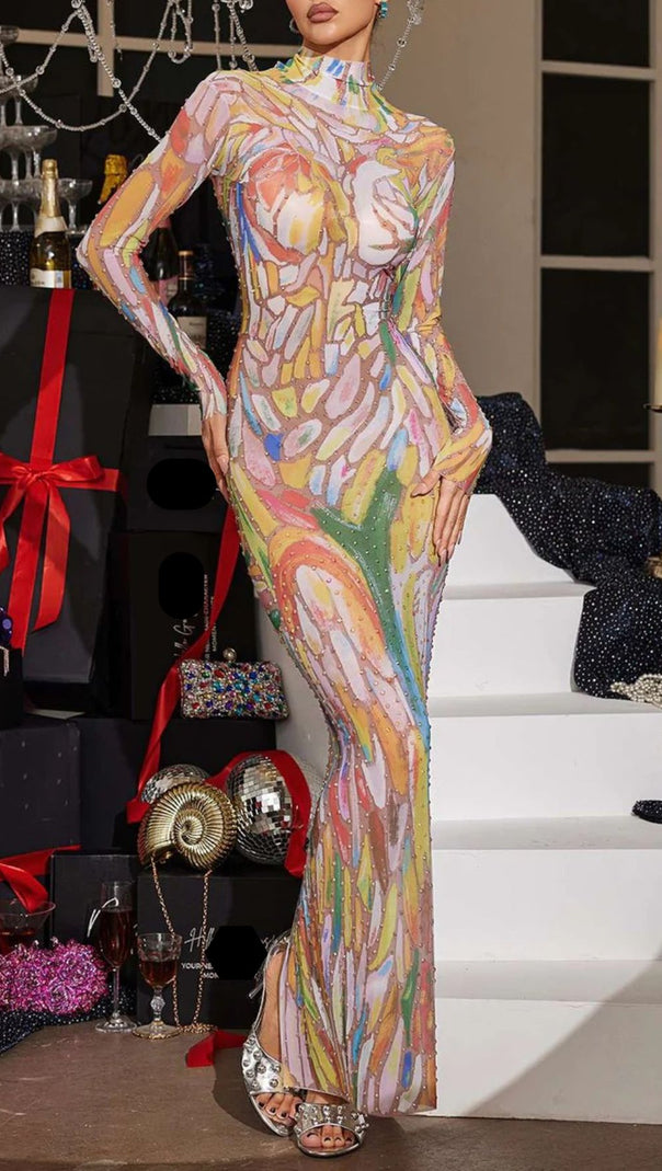 AIIZIE Rupok Dazzling Rhinestone Abstract Print Turtleneck Maxi Dress – Glamorous Evening Gown - product image