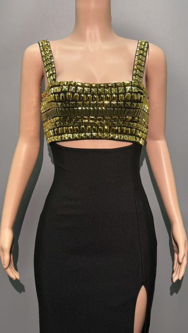AIIZIE Dulcia Black & Gold Rhinestone Cut-Out Bandage Maxi Dress - Glamorous Evening Gown - product image