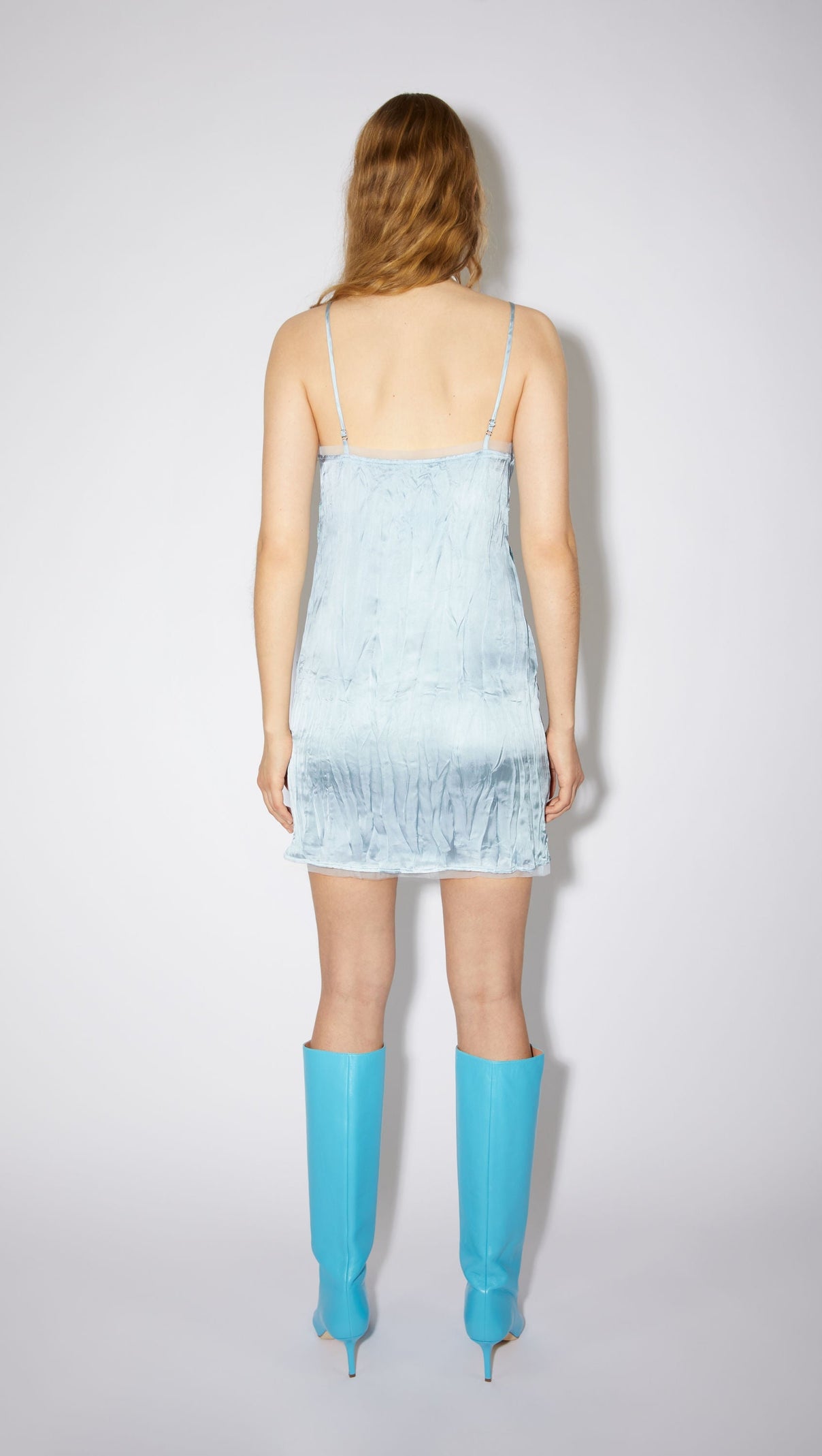 AIIZIE BOW-PRINT TULLE-TRIMS SATIN MINI DRESS IN PALE BLUE - product image
