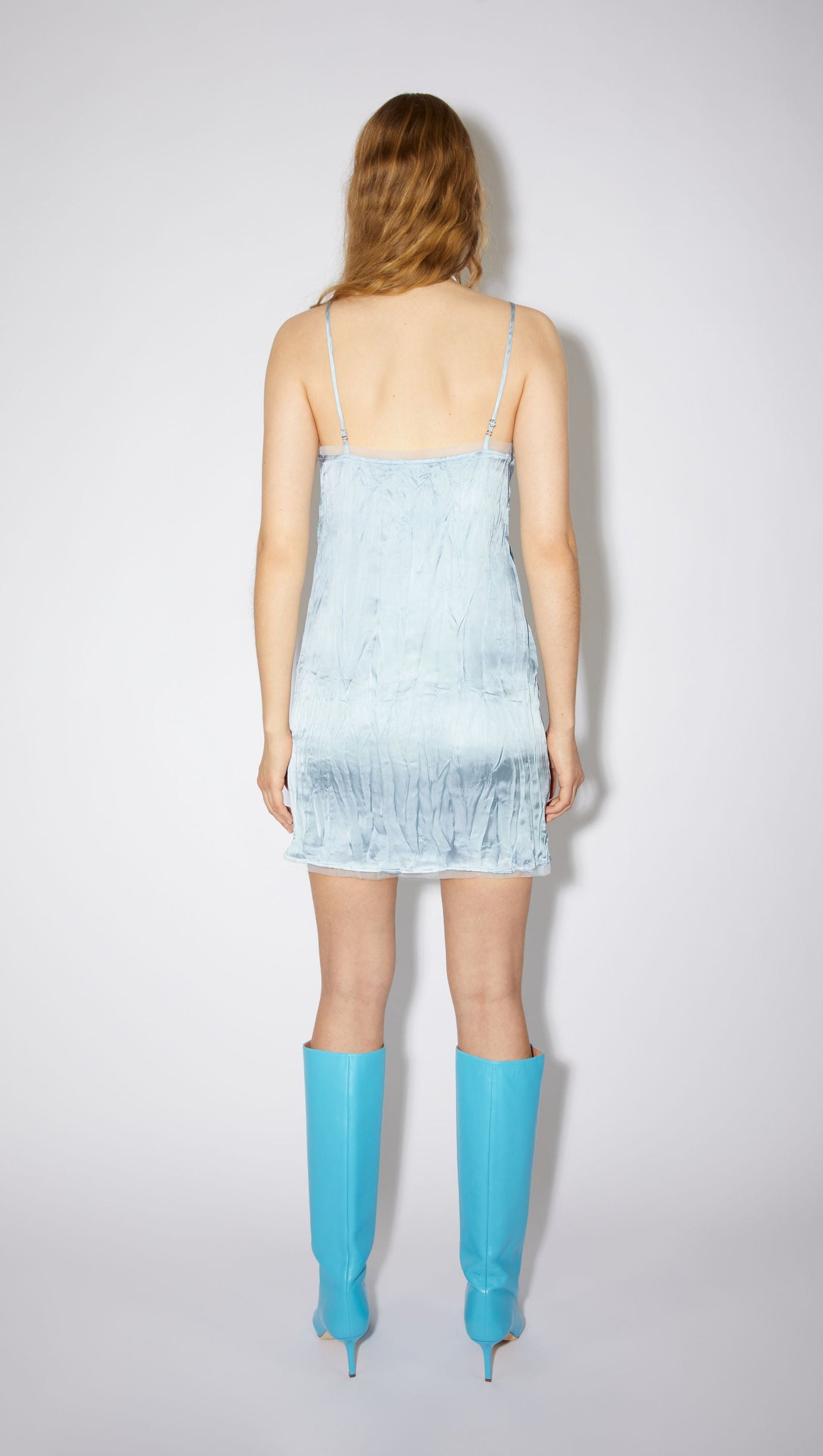 MINI ABITO IN RASO CON STAMPA A FIOCCO E BORDI IN TULLE, COLORE AZZURRO PALLIDO