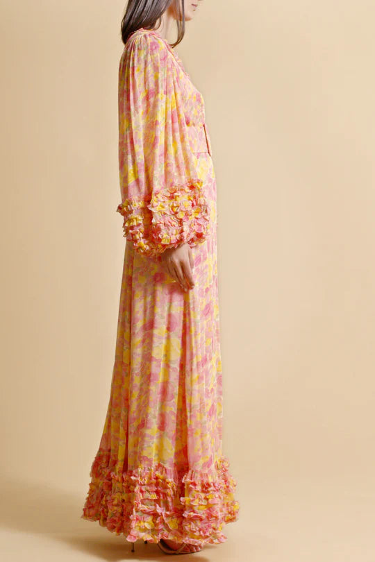 CHIFFON RUFFLED WRAP MAXI DRESS IN ORANGE