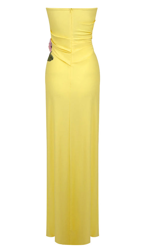 ABITO MIDI SENZA SPALLINE CON RUCHES A FIORI IN GIALLO