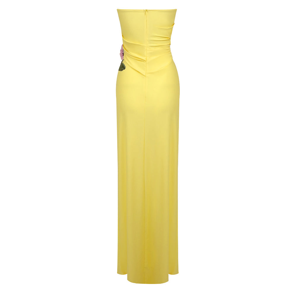 AIIZIE STRAPLESS FLOWER RUCHED MIDI DRESS IN YELLOW - product image