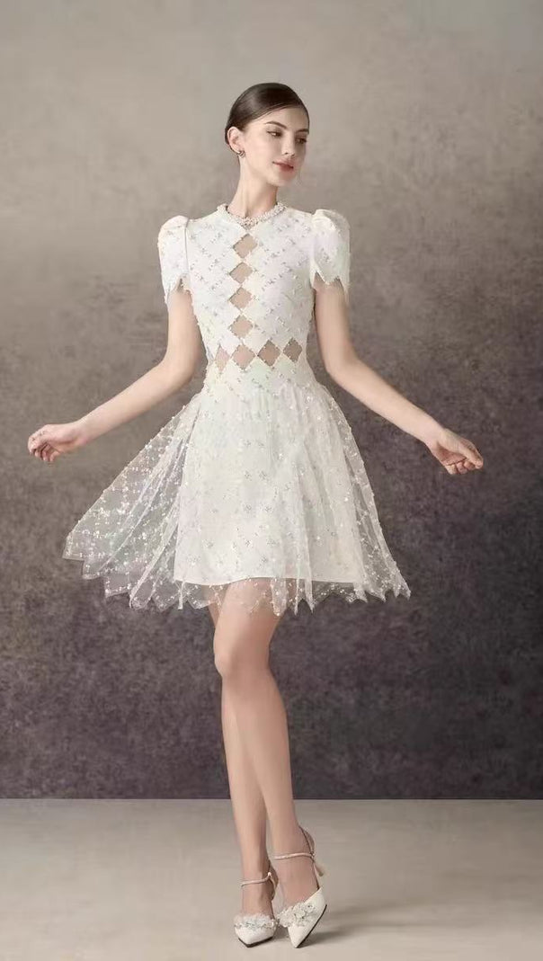 Henrietta Ivory Sequin Mini Dress with Mesh Panels