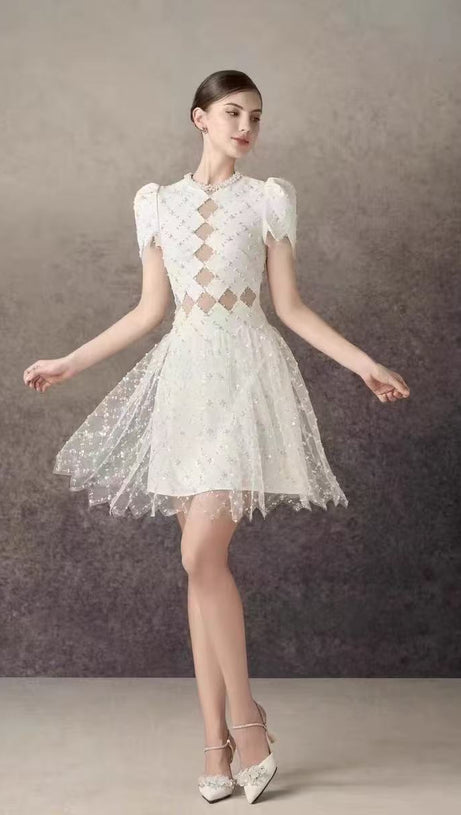 Henrietta Ivory Sequin Mini Dress with Mesh Panels