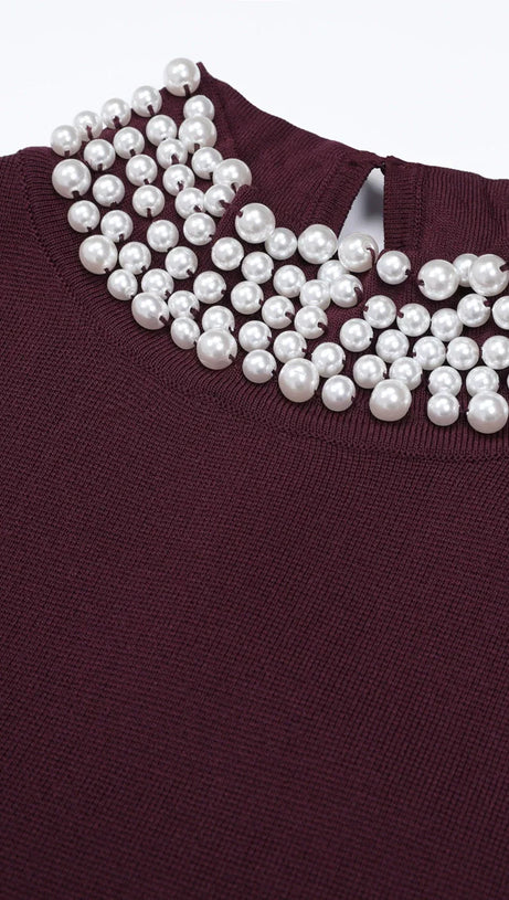 Junko Pearl Choker Sleeveless Knit Maxi Dress with Fringe Hem