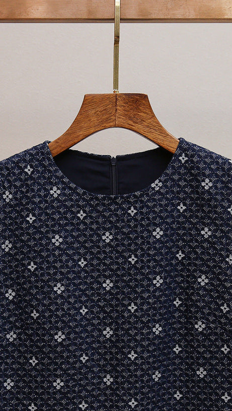 HASIKA NAVY GEOMETRIC SLEEVELESS MINI DRESS | UNIQUE WAVY PLEATED HEM