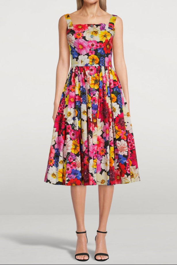 Cotton Poplin Midi Dress In Garden Print