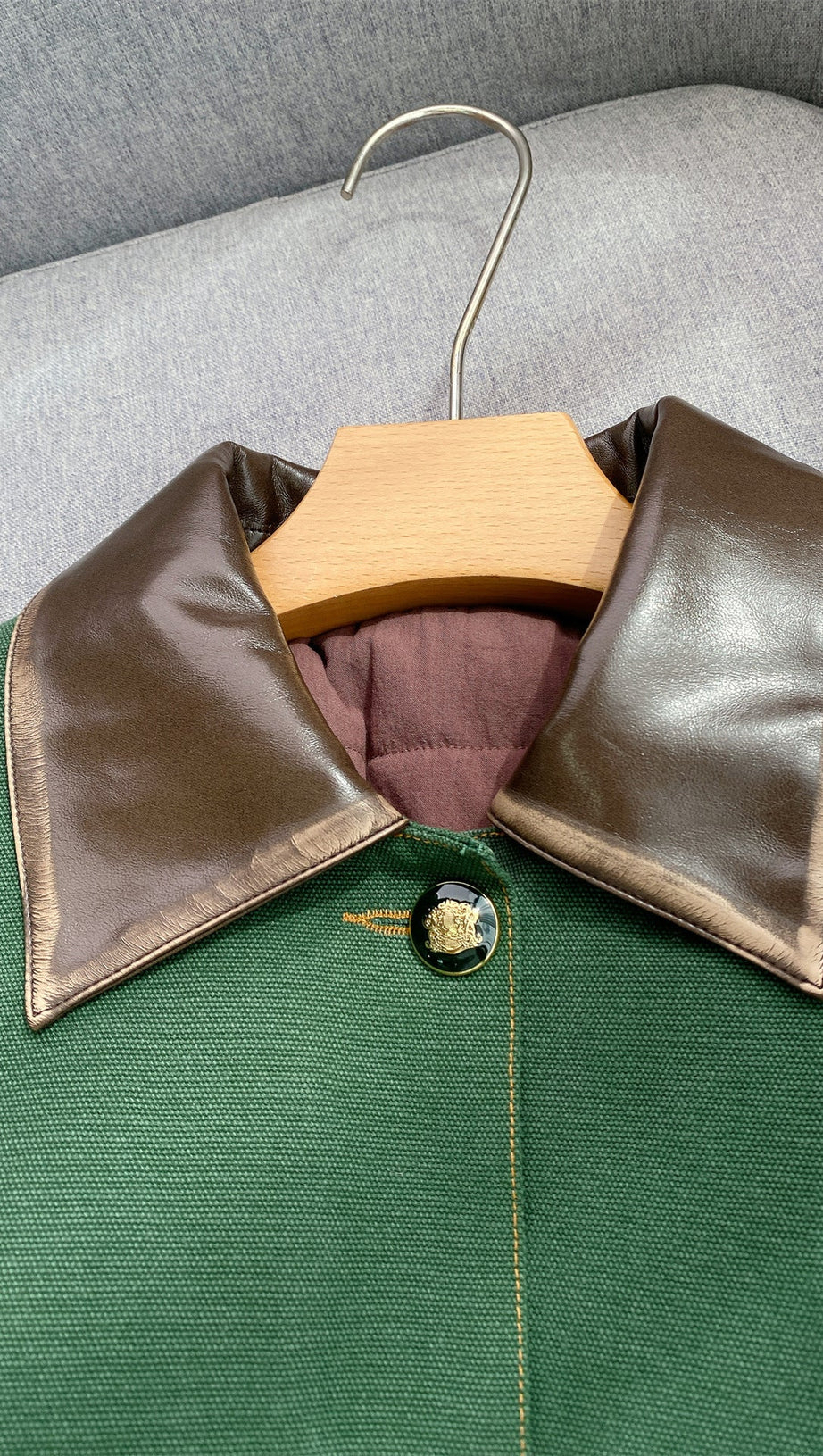 Women's Chic Green Workwear Jacket with Contrast Leather Collar