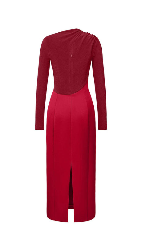 ELEANOR SHEATH ASYMMETRIC NECK TAFFETA MIDI DRESS IN RED