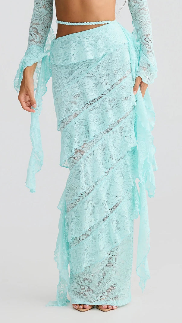 AIIZIE CRAFTED ROPE CROP TOP LACE SKIRT SET IN PALE BLUE - product image