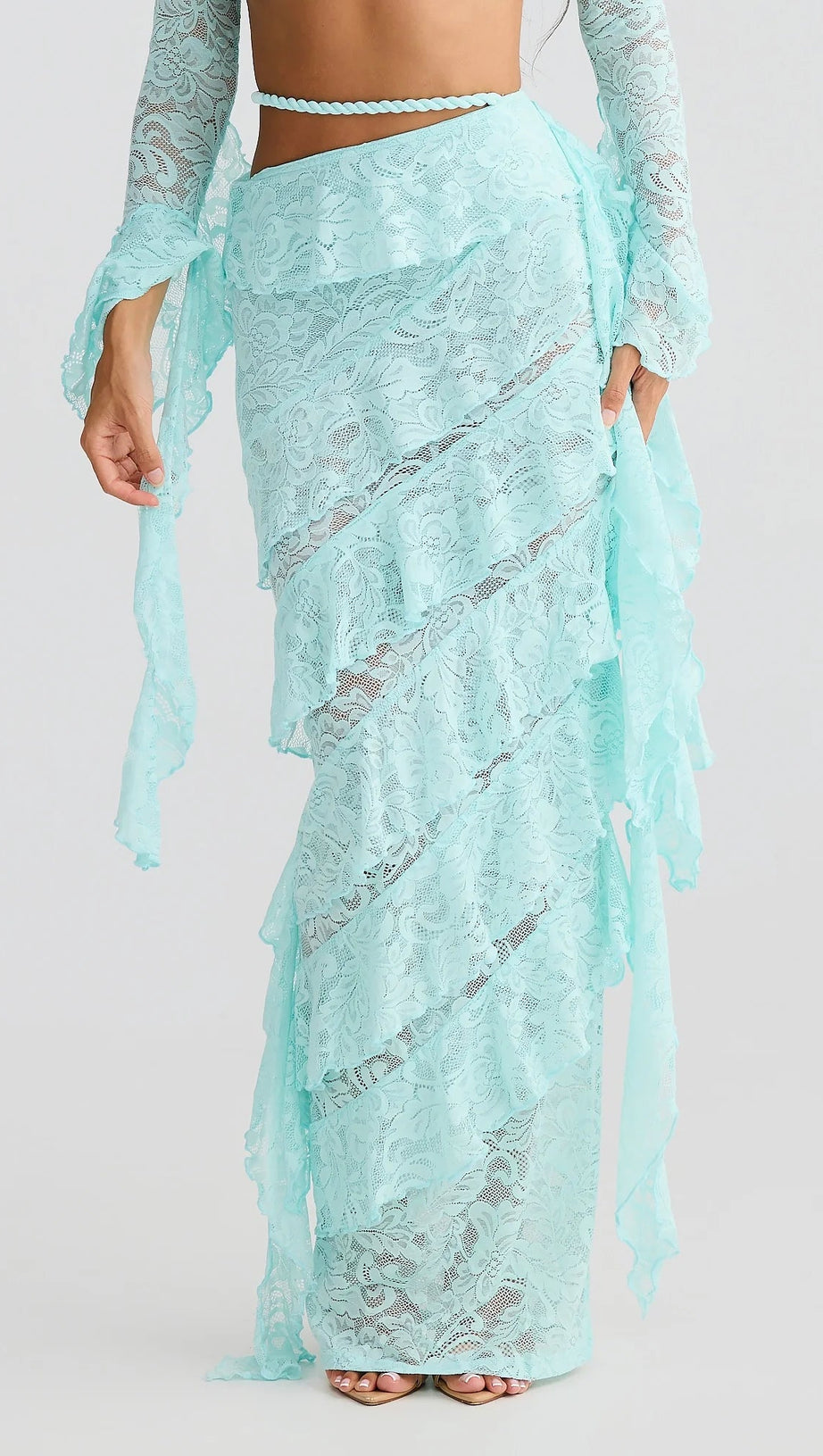 CRAFTED ROPE CROP TOP  LACE SKIRT SET IN PALE BLUE