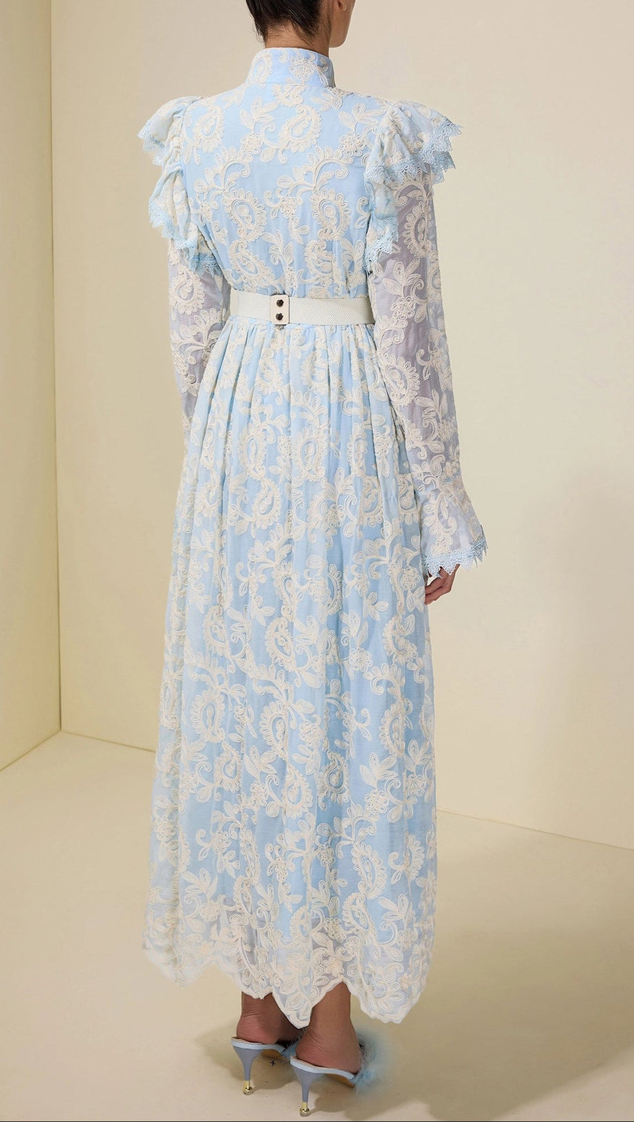 alma Chiffon Embroidered Single Breasted Midi Dress With Belt - blue