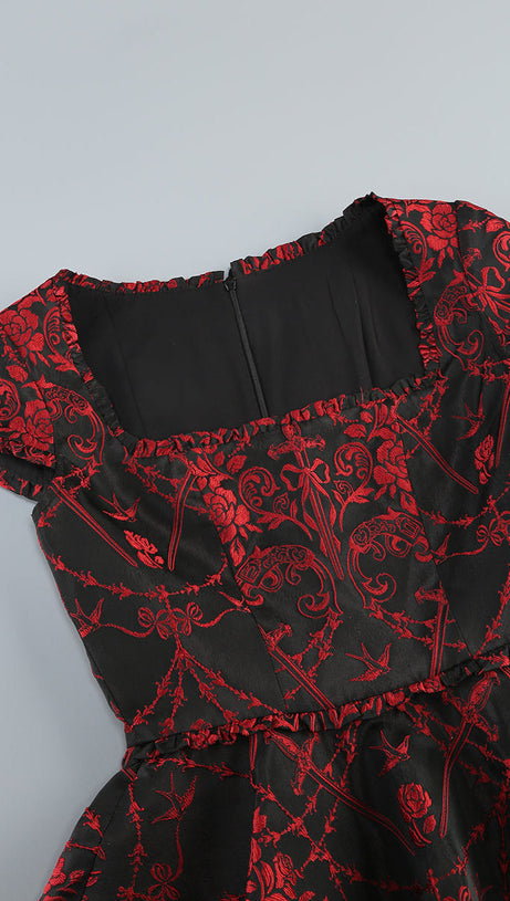 SQUARE NECK JACQUARD MINI DRESS IN BLACK RED