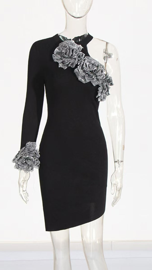 AIIZIE CYANNE BLACK ONE SHOULDER FLOWER MINI DRESS - product image