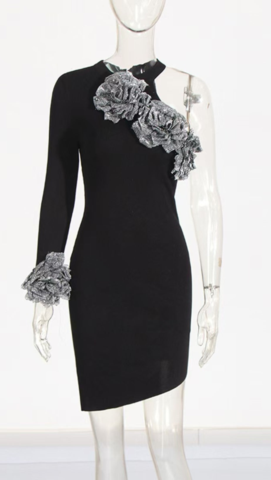 CYANNE BLACK ONE SHOULDER FLOWER MINI DRESS