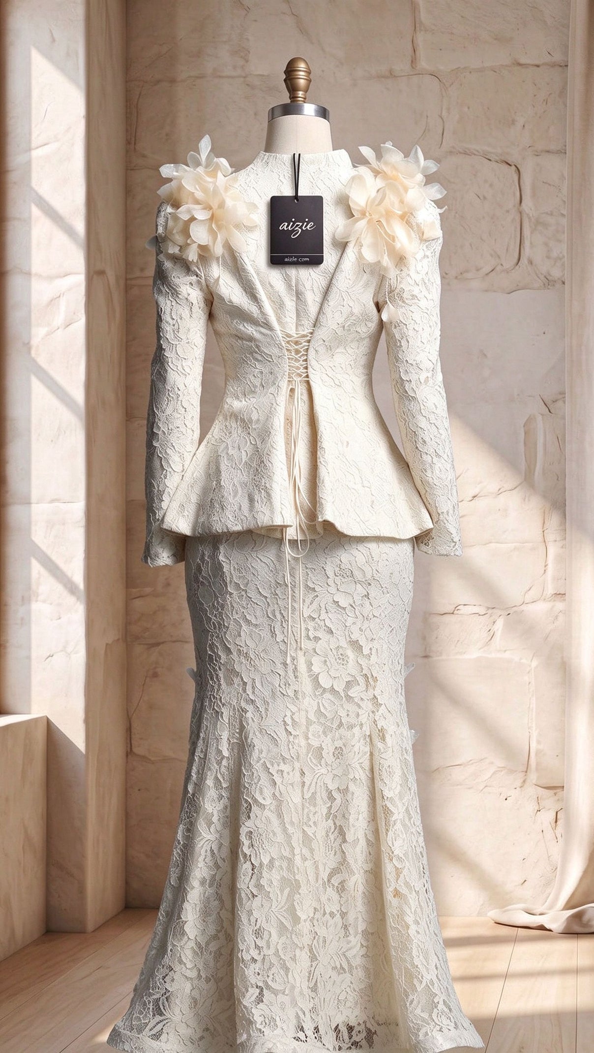 Ivory Corded Floral Lace Two-Piece Skirt Suit