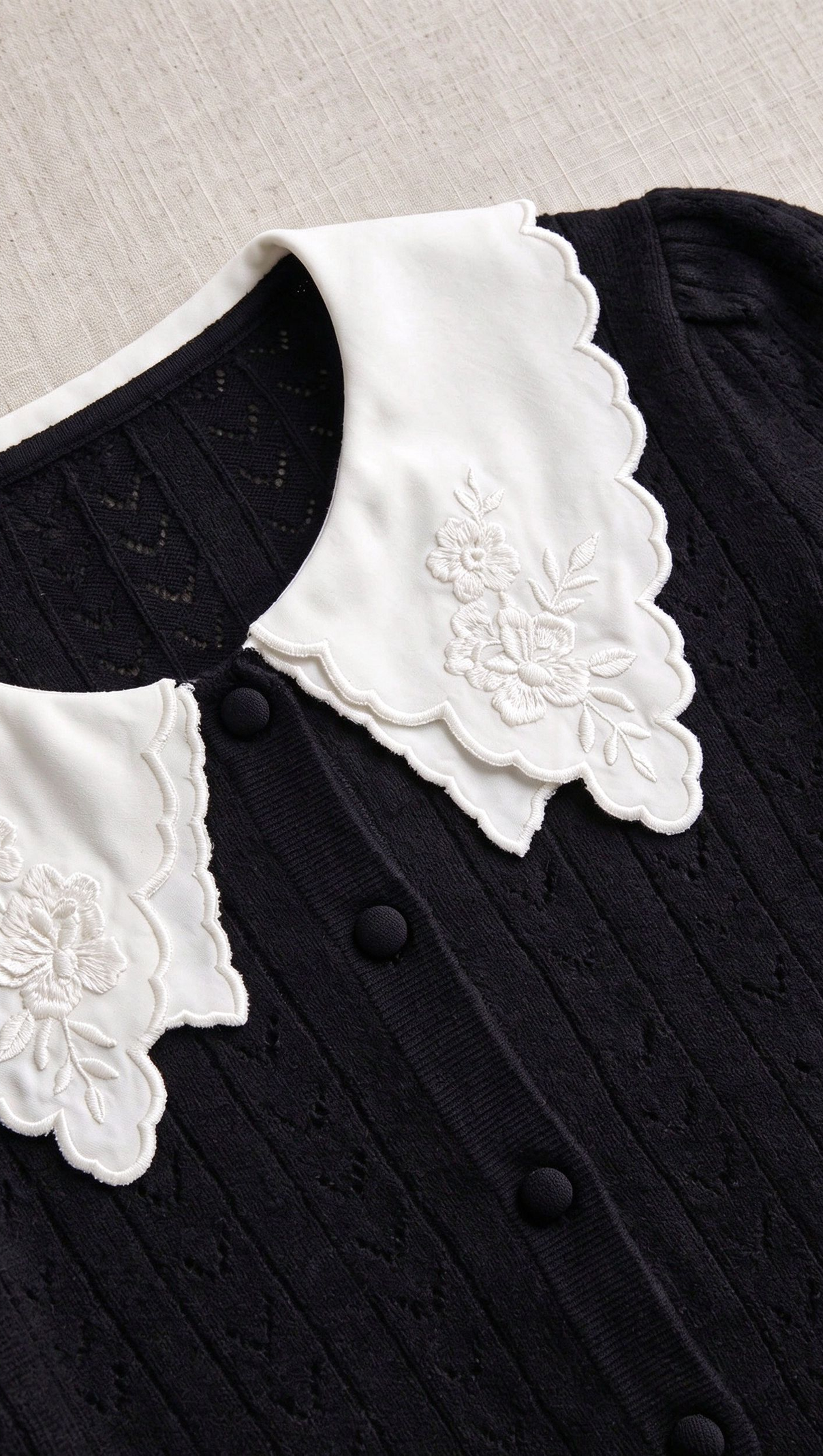Black Pointelle Knit Cardigan with White Embroidered Collar