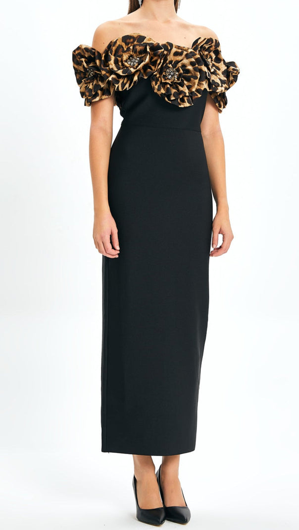AIIZIE 3D FLOWER LEOPARD PATTERN BANDAGE MAXI DRESS IN BLACK - product image
