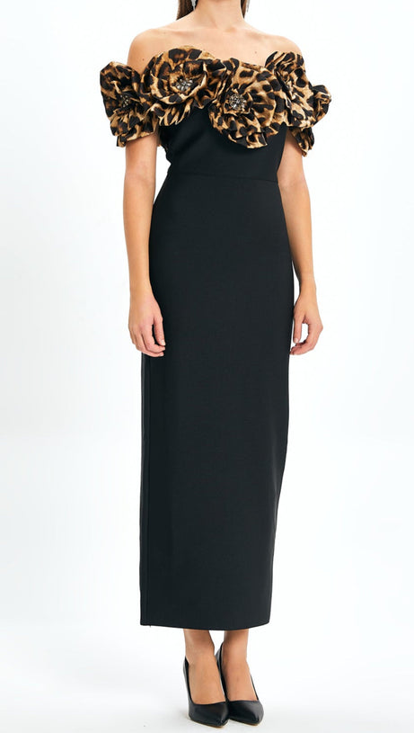 ABITO LUNGO CON FASCE E MOTIVO LEOPARDATO A FIORI 3D IN NERO