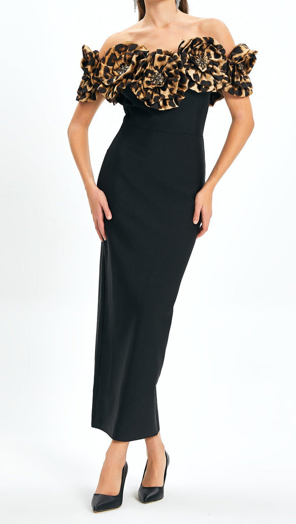 AIIZIE 3D FLOWER LEOPARD PATTERN BANDAGE MAXI DRESS IN BLACK - product image