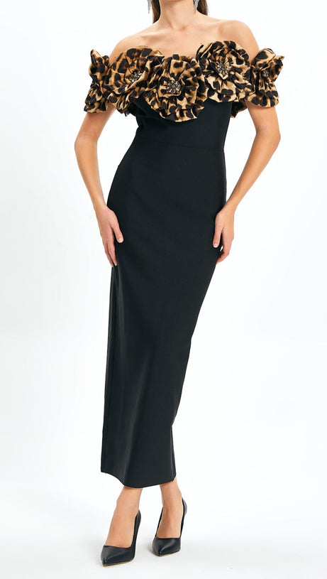 ABITO LUNGO CON FASCE E MOTIVO LEOPARDATO A FIORI 3D IN NERO