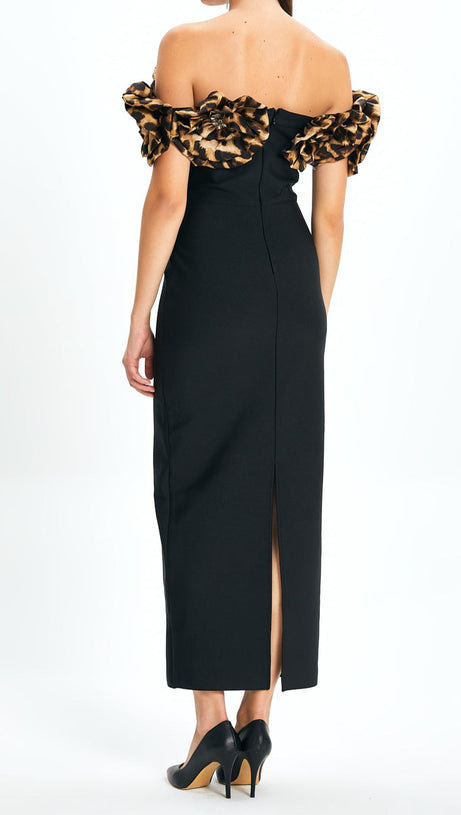 ABITO LUNGO CON FASCE E MOTIVO LEOPARDATO A FIORI 3D IN NERO