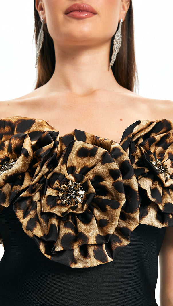 AIIZIE 3D FLOWER LEOPARD PATTERN BANDAGE MAXI DRESS IN BLACK - product image