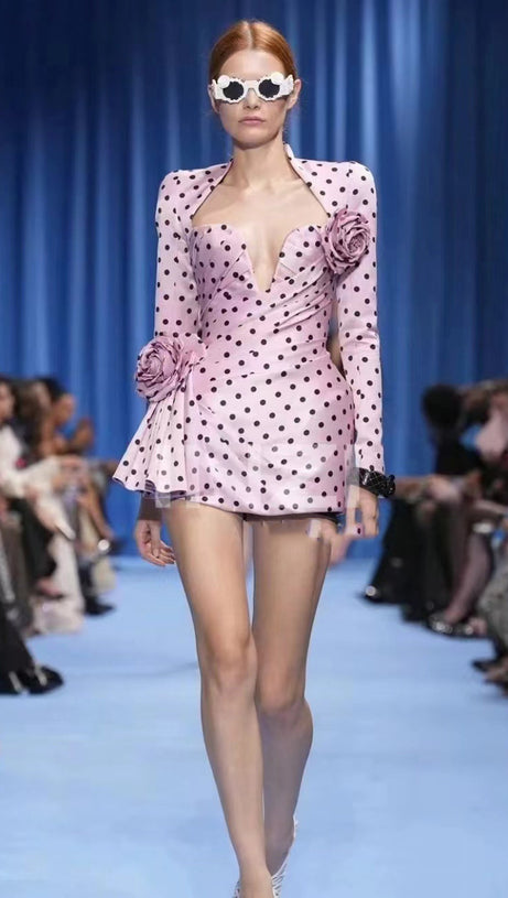 POLKA DOTS SHORT PRINTED DRESS IN PINK