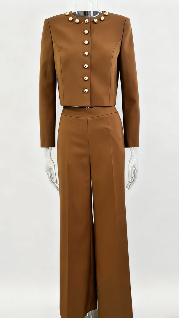 AIIZIE Jennifer Chic Gold Button Cropped Jacket & Wide-Leg Pants Set - product image