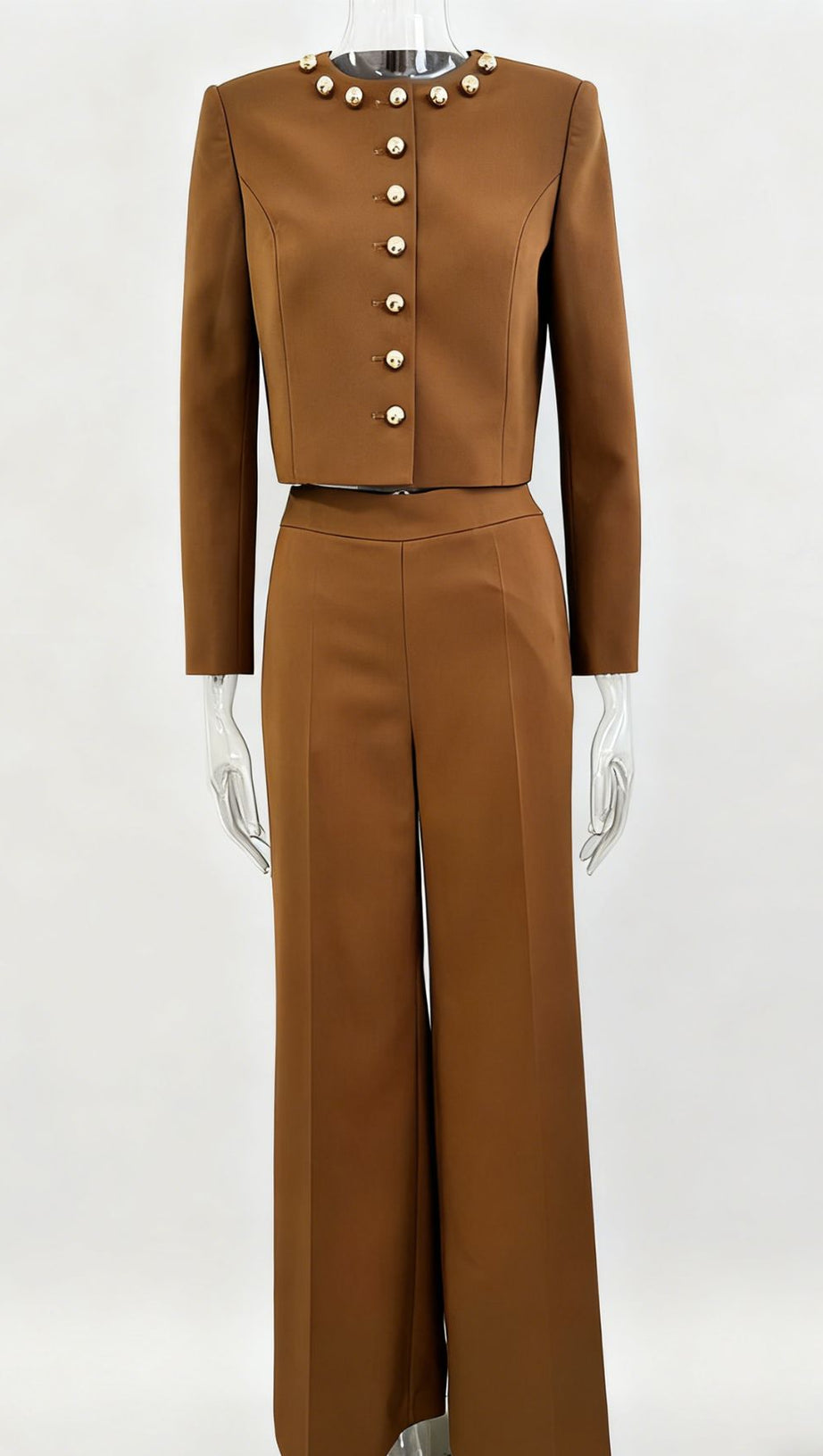 Jennifer Chic Gold Button Cropped Jacket & Wide-Leg Pants Set